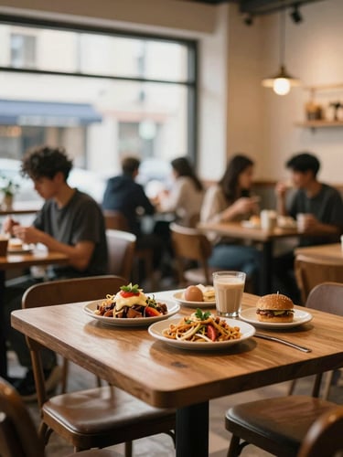 A cozy, inviting café interior with warm lighting, comfortable seating, and a few blurred customers enjoying their time, natural window light, wide environmental shot, 35mm