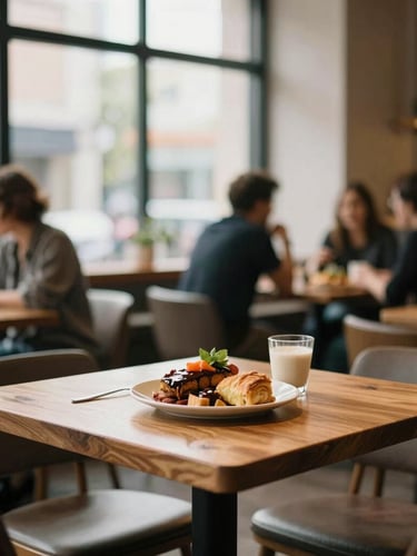 Warm and inviting interior of a modern café, soft natural window daylight, cozy seating, wooden tables, a few customers chatting, shallow depth of field, 35mm.