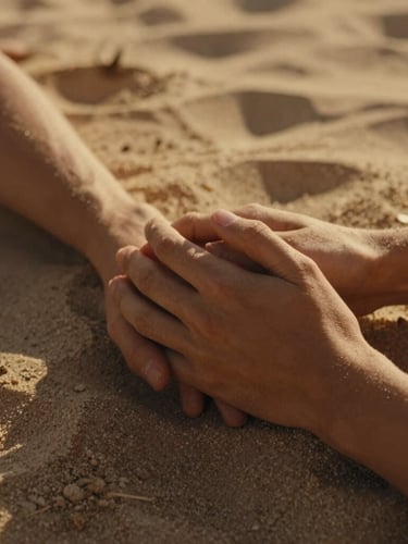 Intimate close-up of a couple's hands gently intertwined, warm golden sun-drenched light casting long shadows on soft sand, cozy cinematic atmosphere.