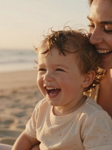 Candid close-up of a mother laughing with her toddler on a sandy beach, warm golden hour sun, soft terracotta tones