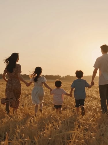 A cinematic wide shot of a family running through a golden field at sunset, backlit, warm sun-drenched environment, soft natural light.