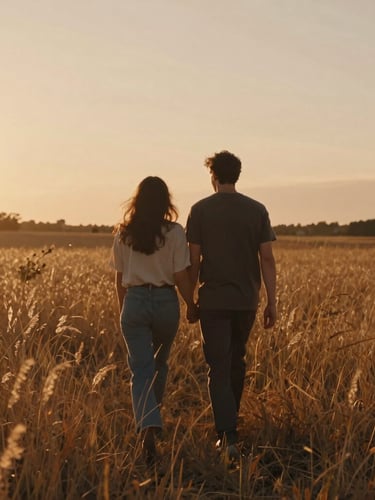 Cinematic wide shot of a couple walking through a golden wild grass field at sunset, backlit warm light, 35mm film look
