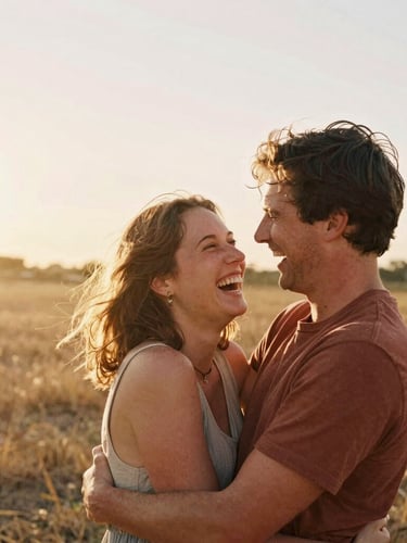 A candid couple laughing and embracing in a warm, sun-drenched golden hour field, soft natural backlit lighting, 35mm film look