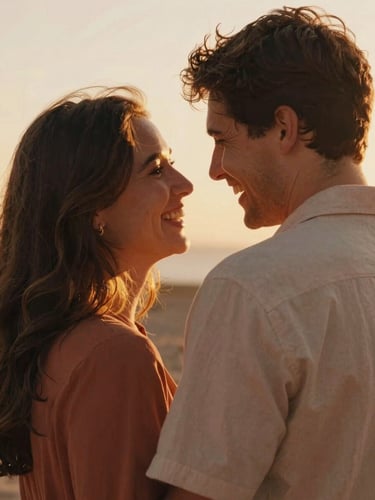 A candid medium shot of a couple laughing together, backlit by warm golden hour sun, soft terracotta tones, intimate framing, 35mm film style.