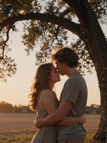 Cinematic medium shot of a young couple embracing under a large oak tree, backlit by warm sunset light, 35mm film style