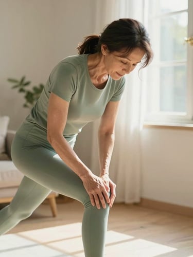 Warm editorial photography of a mature 50-year-old woman doing a gentle knee stretch on a chair in a bright, sunlit living room, soft morning light, sage green tones, shallow depth of field, 35mm