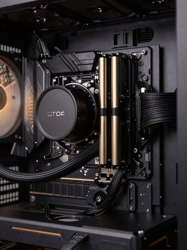 Macro close-up of a high-end custom PC build interior. Matte black components, subtle gold-tinted liquid cooling tubes, and clean cable routing under moody ambient lighting.