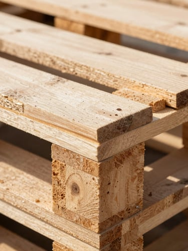 Macro close-up of clean, freshly cut timber joints of a heavy-duty wooden pallet, bright natural daylight, warm wood tones, sharp focus, 35mm