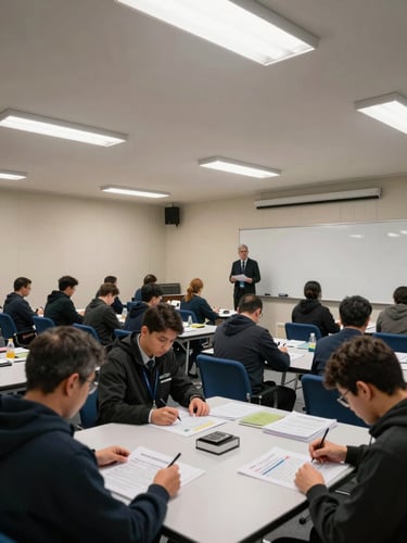 Wide-angle view of a government training workshop room, participants seated at tables reviewing printed course materials under even institutional fluorescent lighting, facilitator standing at whiteboard, documentary framing