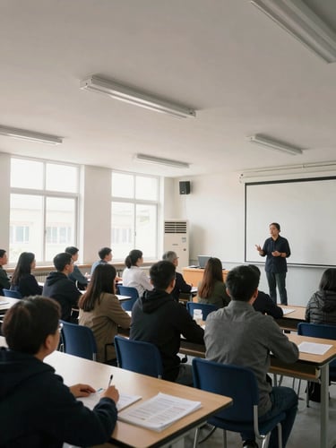 Wide environmental shot inside a municipal training hall, facilitator at the front presenting to a room of public administrators seated at tables with notebooks and printed materials, bright even daylight from large windows on the left, documentary framing showing depth and attendance scale