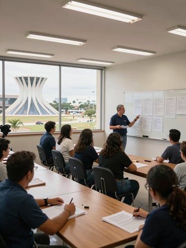 Wide documentary shot of a municipal training workshop in a government conference room, facilitator at a whiteboard with printed planning materials on tables, participants reviewing documents under even fluorescent and natural light from tall windows, Brasília civic architecture visible through glass