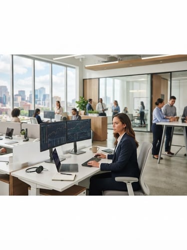 Wide panoramic view of a modern corporate office interior, clean architecture, natural daylight streaming through large windows, subtle financial data on screens in the background, a professional, shallow depth of field, 35mm