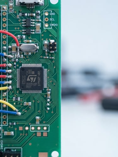 Extreme close-up macro shot of a microcontroller development board with clean wiring, highlighting copper traces and solder joints under bright, cool-toned laboratory daylight, 50mm lens. Expansive negative space on the right.