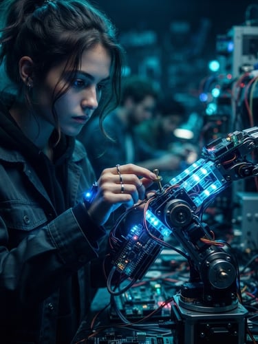 A young student adjusting a glowing physical robotic arm with visible microcontrollers and wires, neon blue rim lighting, dark futuristic background.