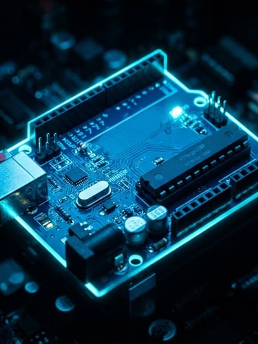 Close-up of a glowing Arduino board with neon blue rim lighting, dark high-contrast background, macro depth of field