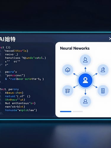 A clean, high-tech interface of an AI tutoring application showing code debugging on the left and a chat assistant explaining neural networks on the right, neon blue accents.