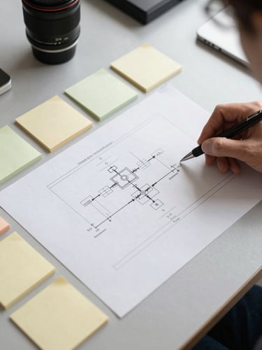 Close overhead shot of a printed process diagram and sticky notes arranged on a light gray desk under bright studio daylight, a hand resting at the edge with a pen, documentation in clear focus