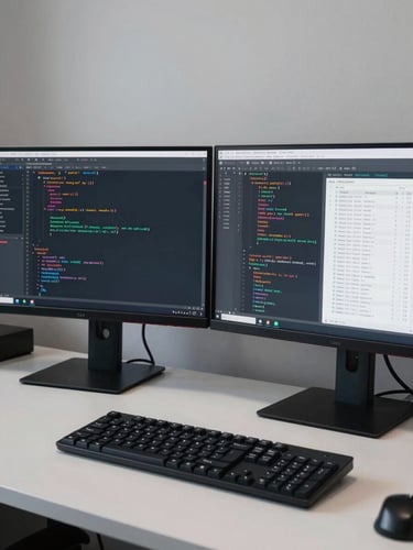 Wide shot of two monitors on a clean desk showing code and data tables side by side under bright even office daylight, keyboard in sharp foreground, neutral gray walls behind