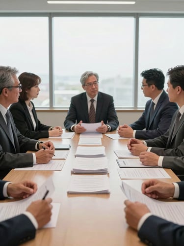 Wide shot of a handover meeting around a conference table, printed handoff documentation stacked in the center, participants gesturing at the documents, bright even daylight from large windows, captured at natural human scale
