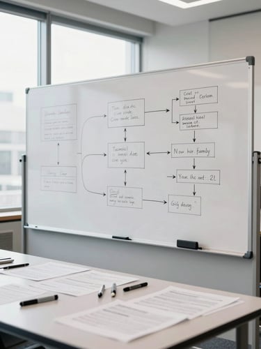 Wide environmental shot of a large whiteboard covered in process diagrams mid-session, markers and printed documentation spread on a table in the foreground, bright even daylight from large office windows, no people visible — documenting actual work in progress