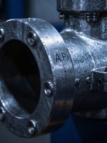 Close-up of industrial pipe flanges with clear API certification stamp, heavy-duty metallic texture, sharp metallic highlights, deep shadows, cool blue undertones, 35mm, macro focus.