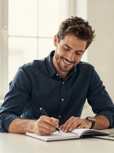 Warm editorial portrait of Andrés, a friendly financial consultant in a navy shirt, writing in a notebook at a clean desk in a sunlit workspace, shallow depth of field, 35mm