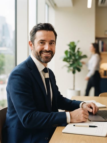 Portrait of a male financial consultant in a bright, modern workspace, soft natural window light, cream and navy tones, shallow depth of field, 35mm