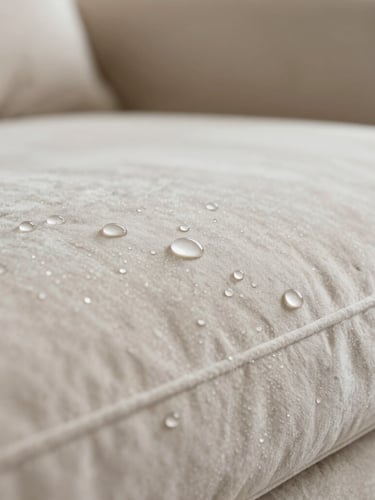 A macro photograph of liquid droplets perfectly beading up on a light cream Italian velvet couch, soft diffused residential lighting, luxury interior background.