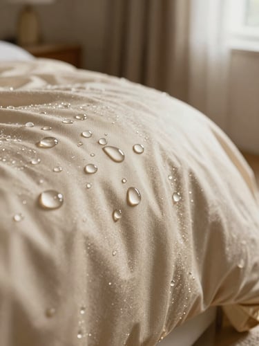 Macro photography of water droplets perfectly beading on premium champagne-gold silk upholstery, soft residential interior lighting, shallow depth of field, luxury editorial style.