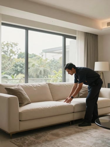 Wide angle shot of a clean, modern luxury living room in Pune, soft natural window light, a technician in a clean dark uniform carefully inspecting a cream-colored sofa.