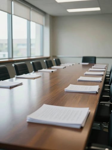 Wide environmental shot of an empty conference room, long mahogany table reflecting north-facing window light, no people, stack of closed documents at one end, cool daylight filling the frame from the left, ordered and still