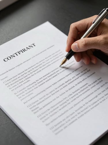 Extreme close-up overhead flatlay of an open contract document on a dark desk, a hand at rest holding a fountain pen poised above a clause, north-facing window light raking across the page, crisp detail visible on printed text