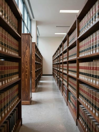 Wide environmental shot of an empty law library corridor, tall dark wood shelves lined with bound legal volumes receding into distance, cool north-facing window light entering from the left, minimal and ordered, no people