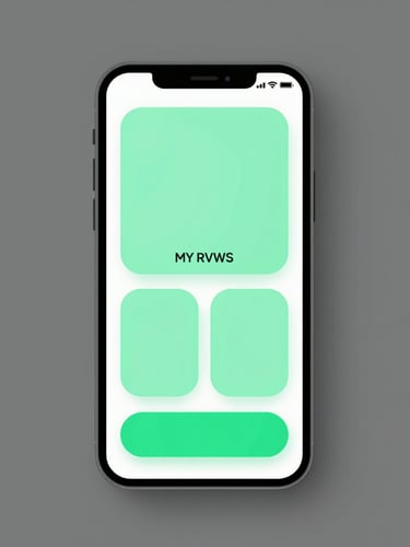 Front-on UI mockup of a smartphone displaying a clean MY RVWS profile on a slate gray background, with vibrant mint green buttons and soft shadows, crisp studio light, sharp focus