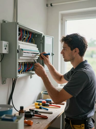 Wide environmental shot: an electrician at a residential fuse panel, focused gaze on the wiring, natural window light from the right side illuminating his hands and tools, workshop tools and cables in the mid-ground, real working-site atmosphere