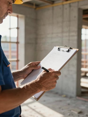 Close-up left-side composition: a contractor's weathered hands gripping a clipboard on a construction site, natural daylight streaming from the left, concrete wall and scaffolding visible in the soft background, honest working-site atmosphere