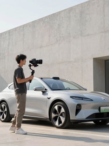 A professional videographer using a gimbal stabilizer to shoot a clean modern electric vehicle parked outside an architectural concrete building, soft morning light, editorial framing.