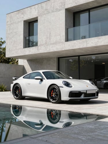 A premium clean Porsche 911 parked in front of a modern concrete architectural home, bright natural daylight, crisp reflections, 35mm lens