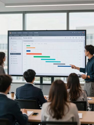 Clean, modern office setting with a diverse team collaborating around a large digital dashboard displaying project analytics and Gantt charts, natural daylight, professional corporate realism, 35mm lens