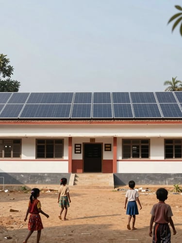 Documentary photograph of a newly constructed, well-lit school building in a rural Indian village, showing solar panels on the roof and children playing in the foreground, natural daylight, professional corporate realism.
