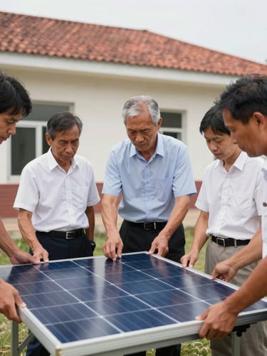 Portrait shot of community members installing a small solar panel on a village building, natural daylight, crisp details, rich authentic colors, professional corporate realism, 35mm lens, shallow depth of field