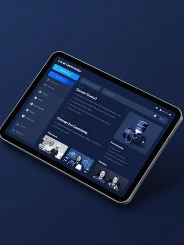 Isometric view of a modern tablet displaying a local contractor service dashboard, sharp focus, clean midnight blue background with electric blue highlights, 35mm lens