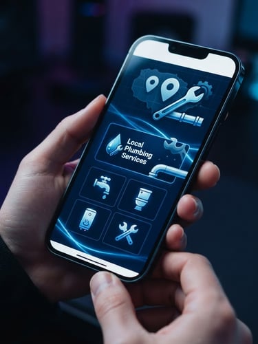 Sleek close-up of a modern smartphone displaying a local plumber website, sharp focus, cool studio lighting with electric blue ambient highlights, 35mm lens