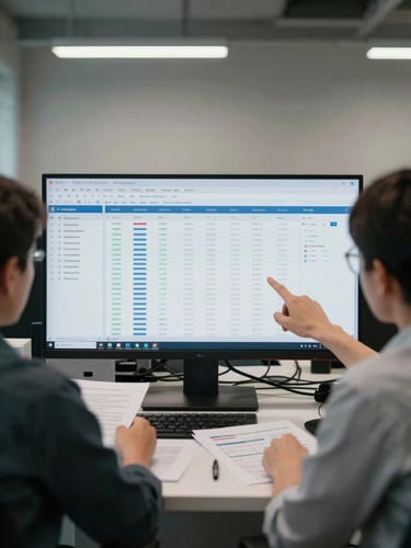 Wide shot of two professionals reviewing a financial dashboard on a large monitor in a minimal office, cool overhead fluorescent light, hands pointing at specific chart columns, documents spread on the desk, no faces visible, documentary framing