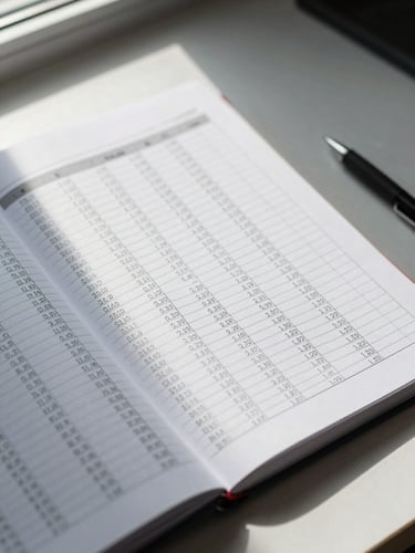 Overhead close-up of an open financial ledger on a clean desk, columns of printed figures visible under cool window light, a mechanical pencil resting at the margin, no people, high contrast, documentary framing