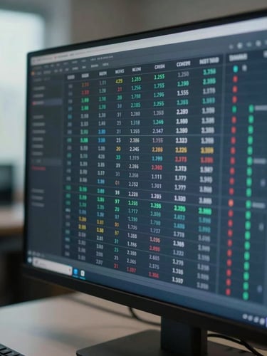 Close-up overhead view of a financial dashboard on a high-resolution monitor, rows of numeric KPIs and margin indicators visible, cool blue-gray office ambient light from the left, no faces, clean desk surface partially visible at bottom edge