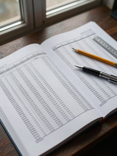 Overhead study of a structured financial ledger open on a wide desk, columns of figures annotated in pencil, cool daylight from a high window, a ruler and pen resting on the page, no people, precise and organized