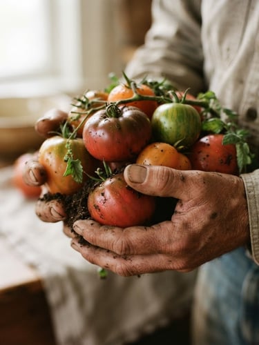 Close-up of weathered hands holding freshly harvested organic heirloom tomatoes, rich soil clinging to the skin, soft natural morning window light, warm earthy tones, shallow depth of field, 35mm film.