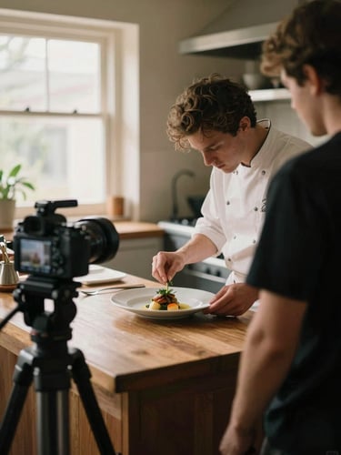 Behind the scenes content creation, a professional camera on a tripod capturing a chef delicately plating a dish in a warm, natural light filled kitchen, 35mm film style