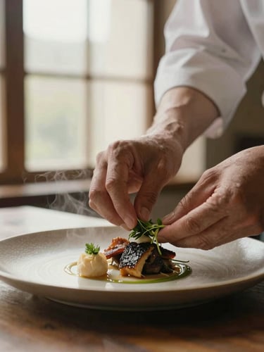 Portrait shot of a chef's hands delicately placing a garnish on a beautifully styled plate, steam rising subtly, soft natural window light, warm earthy tones, shallow depth of field.